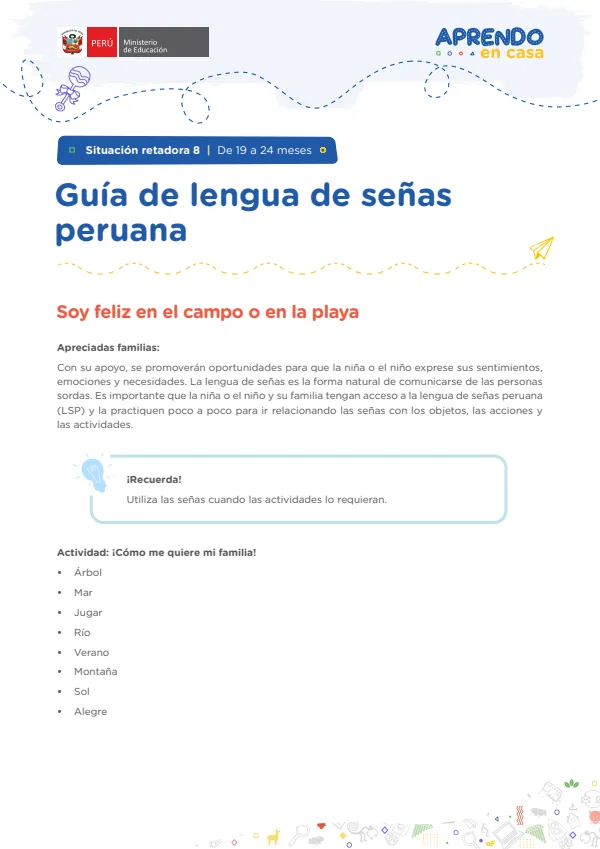 Guía de lengua de señas peruana: Situación retadora 8 - De 19 a 24 meses - Educación Inicial (MINEDU) PDF 1 Portada de Guía de lengua de señas peruana: Situación retadora 8 - De 19 a 24 meses - Educación - Educación Básica Especial (EBE) - MINEDU