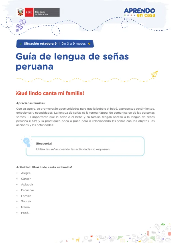 Guía de lengua de señas peruana: Situación retadora 9 | De 0 a 9 meses - Educación Inicial (MINEDU) PDF 1 Portada de Guía de lengua de señas peruana: Situación retadora 9 | De 0 a 9 meses - Educación - Educación Básica Especial (EBE) - MINEDU