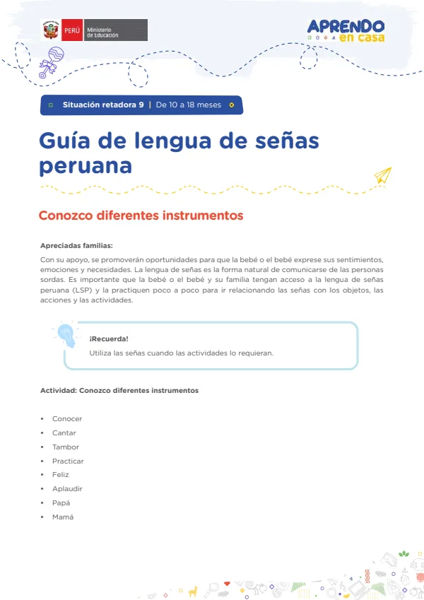 Guía de lengua de señas peruana: Situación retadora 9 - De 10 a 18 meses - Educación Inicial (MINEDU) PDF 1 Portada de Guía de lengua de señas peruana: Situación retadora 9 - De 10 a 18 meses - Educación - Educación Básica Especial (EBE) - MINEDU