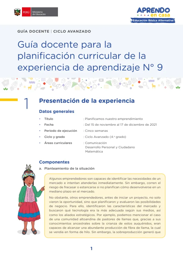 Guía docente para la planificación curricular de la experiencia de aprendizaje N 9 (MINEDU) PDF 1 Portada de Guía docente para la planificación curricular de la experiencia de aprendizaje N 9 - Educación Básica Alternativa (EBA) - MINEDU