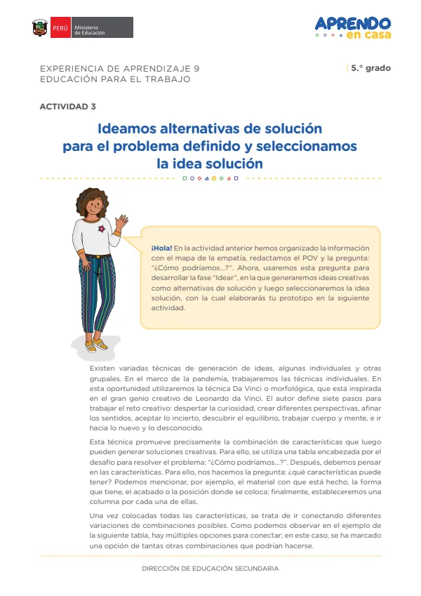 Ideamos alternativas de solución para el problema definido y seleccionamos la idea solución: experiencia de aprendizaje 9, Educación para el trabajo (MINEDU) PDF 1 Portada de Ideamos alternativas de solución para el problema definido y seleccionamos la idea - 5.º grado de Secundaria - MINEDU
