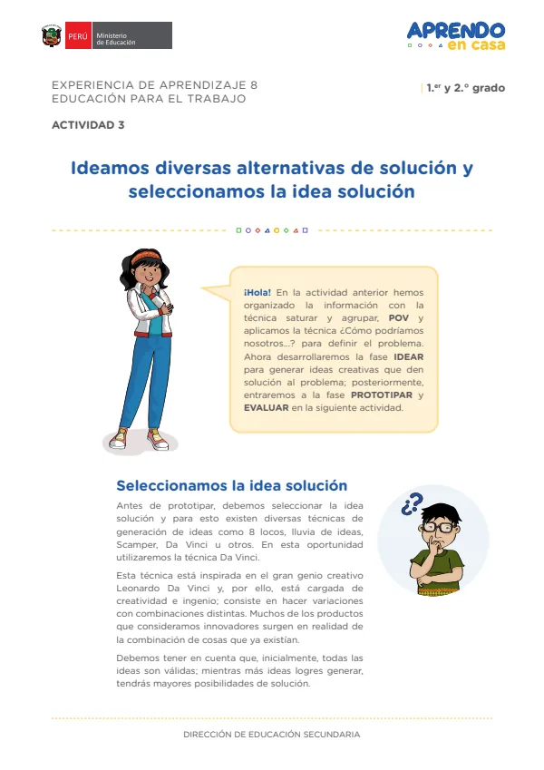 Ideamos diversas alternativas de solución y seleccionamos la idea solución: experiencia de aprendizaje 8, Educación para el trabajo (MINEDU) PDF 1 Portada de Ideamos diversas alternativas de solución y seleccionamos la idea solución: experiencia - 2.º grado de Secundaria - MINEDU