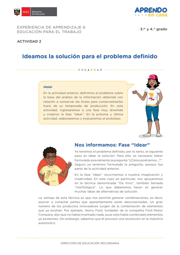 Ideamos la solución para el problema: experiencia de aprendizaje 6, Educación para el trabajo (MINEDU) PDF 1 Portada de Ideamos la solución para el problema: experiencia de aprendizaje 6, Educación - 4.º grado de Secundaria - MINEDU
