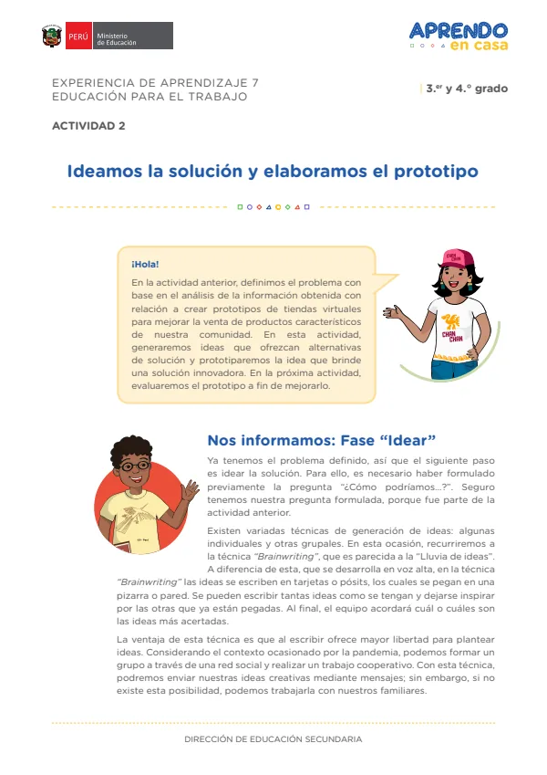 Ideamos la solución y elaboramos el prototipo: experiencia de aprendizaje 7, Educación para el trabajo (MINEDU) PDF 1 Portada de Ideamos la solución y elaboramos el prototipo: experiencia de aprendizaje 7, Educación - 4.º grado de Secundaria - MINEDU