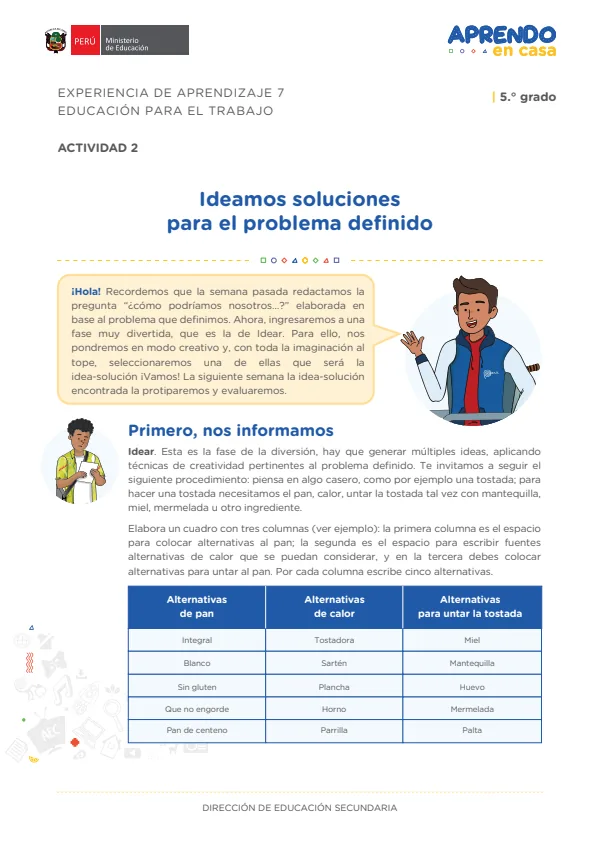 Ideamos soluciones para el problema definido: experiencia de aprendizaje 7, Educación para el trabajo (MINEDU) PDF 1 Portada de Ideamos soluciones para el problema definido: experiencia de aprendizaje 7, Educación - 5.º grado de Secundaria - MINEDU