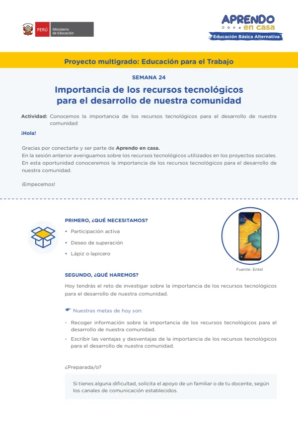 Importancia de los recursos tecnológicos para el desarrollo de nuestra comunidad (MINEDU) PDF 1 Portada de Importancia de los recursos tecnológicos para el desarrollo de nuestra comunidad - Educación Básica Alternativa (EBA) - MINEDU