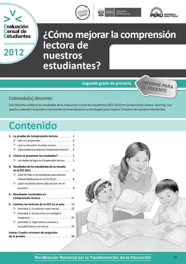 Informe de resultados para el docente. ¿Cómo mejorar la comprensión lectora de nuestros estudiantes? ECE 2012 Segundo grado de primaria. (MINEDU) PDF 1 Portada de Informe de resultados para el docente. ¿Cómo mejorar la comprensión lectora de nuestros - Evaluaciones UMC (ECE y ENLA) - MINEDU