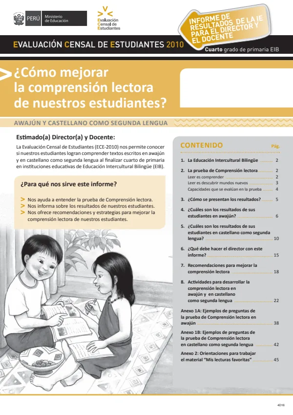 Informe para el di rector y el docente - Awajún y castellano como segunda lengua - ECE 2010 (Informes para instituciones educativas en el tiempo) (MINEDU) PDF 1 Portada de Informe para el di rector y el docente - Awajún y castellano como segunda lengua - ECE - Educación Intercultural Bilingüe (EIB) - MINEDU