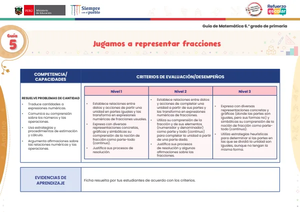 Jugamos a representar fracciones: guía 5 - matemática - andino. 6. grado (MINEDU) PDF 1 Portada de Jugamos a representar fracciones: guía 5 - matemática - andino. 6. grado - Guías docentes - MINEDU