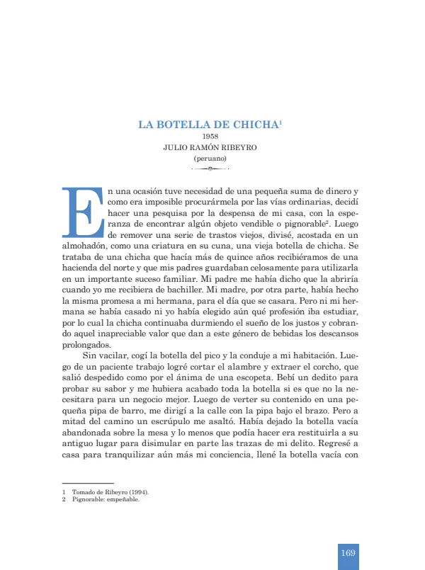 La botella de Chicha: 1958. Julio Ramón Ribeyro - 1.° grado de Secundaria (MINEDU) PDF 1 Portada de La botella de Chicha: 1958. Julio Ramón Ribeyro - 1.° grado de Secundaria - MINEDU