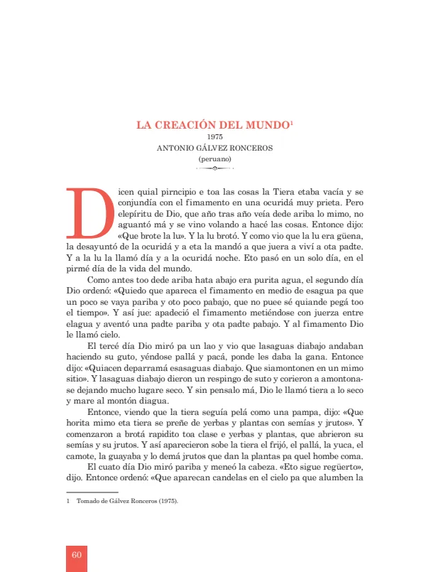 La creación del mundo: 1975. Antonio Gálvez Ronceros - 1.° grado de Secundaria (MINEDU) PDF 1 Portada de La creación del mundo: 1975. Antonio Gálvez Ronceros - 1.° grado de Secundaria - MINEDU