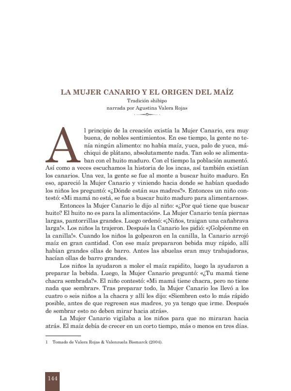 La mujer canario y el origen del maíz. Tradición shipibo narrada por Agustina Valera Rojas (MINEDU) PDF 1 Portada de La mujer canario y el origen del maíz. Tradición shipibo narrada por Agustina Valera - 2.º grado de Secundaria - MINEDU