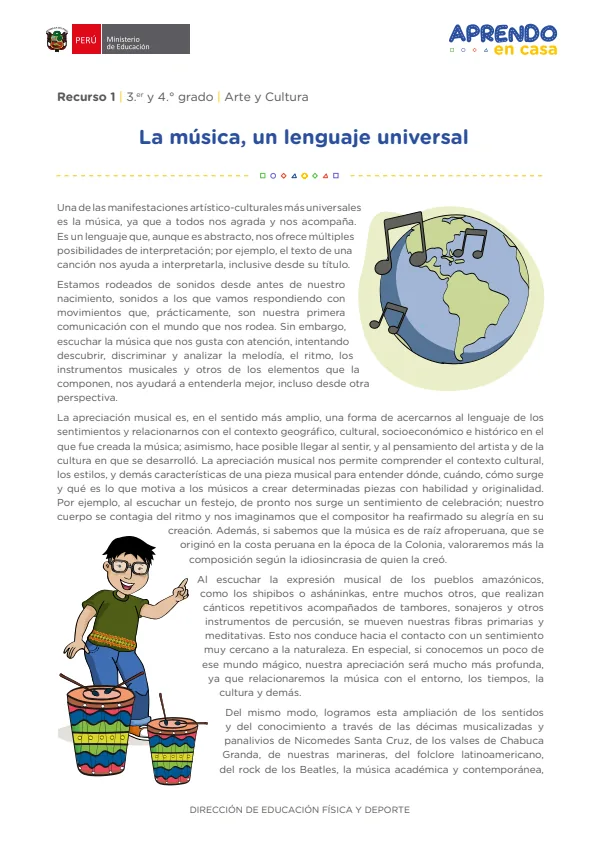 La música, un lenguaje universal , 3er y 4to grado (MINEDU) PDF 1 Portada de La música, un lenguaje universal , 3er y 4to grado - MINEDU