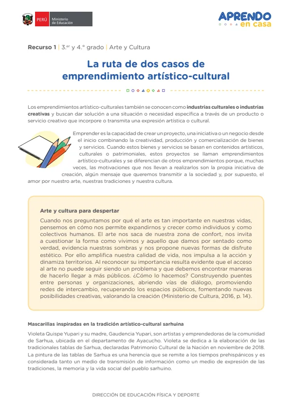 La ruta de dos casos de emprendimiento artístico-cultural , 3.er y 4. grado (MINEDU) PDF 1 Portada de La ruta de dos casos de emprendimiento artístico-cultural , 3.er y 4. grado - MINEDU