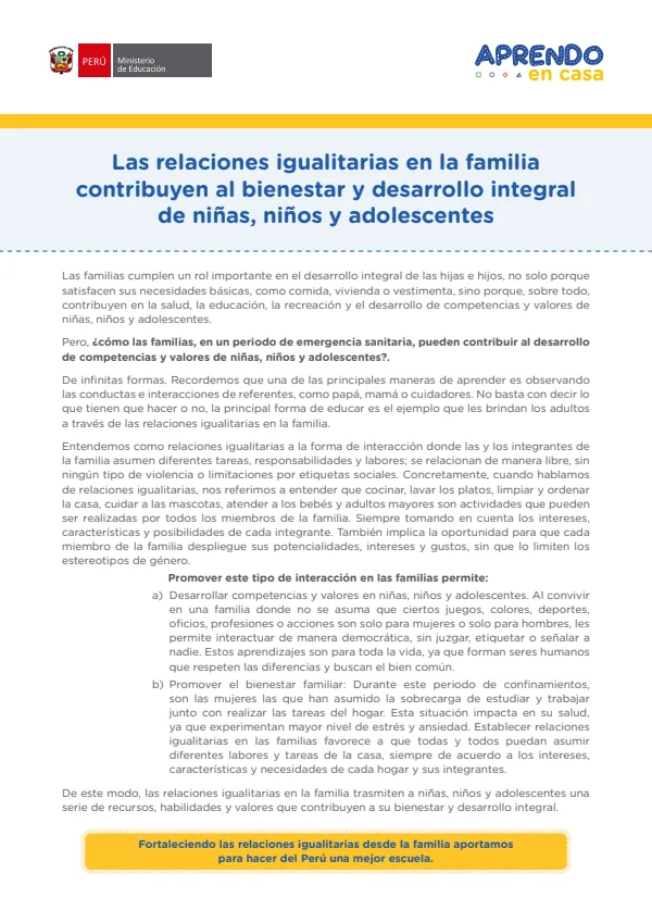 Las relaciones igualitarias en la familia contribuyen al bienestar y desarrollo integral de niñas, niños y adolescentes (MINEDU) PDF 1 Portada de Las relaciones igualitarias en la familia contribuyen al bienestar y desarrollo - Secundaria - MINEDU