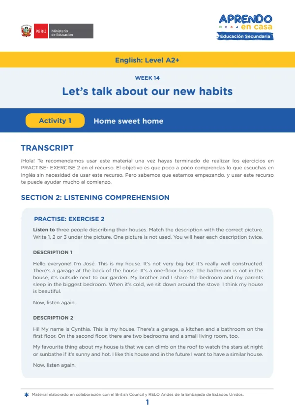 Learnig experience W14: Let's talk about our new habits, English: Level - 5.° grado de Secundaria (MINEDU) PDF 1 Portada de Learnig experience W14: Let's talk about our new habits, English: Level - 5.° grado - MINEDU