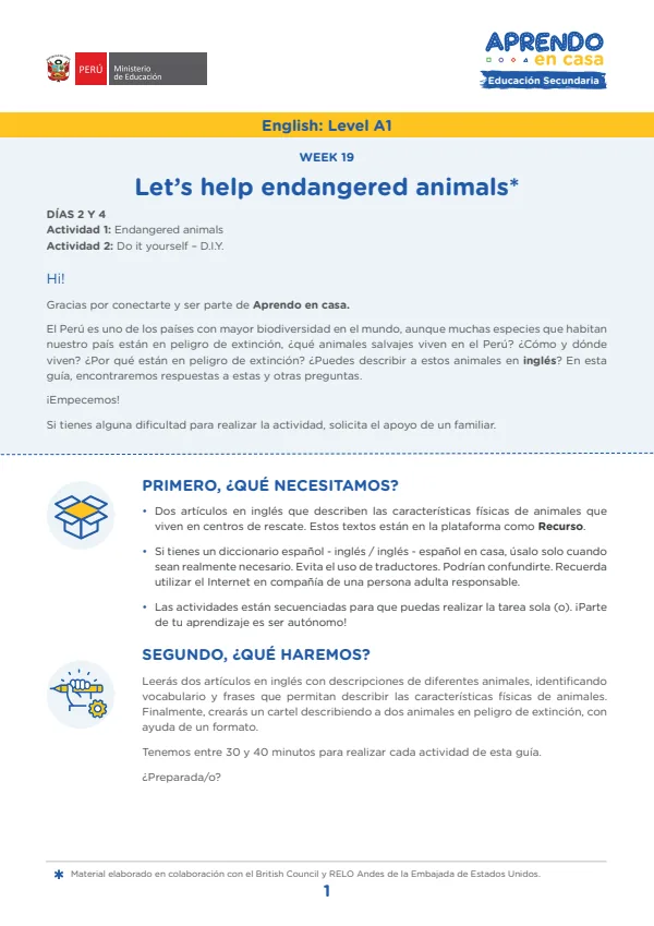 Learning experience: Let's help endangered animals, English: Level Pre A1 - 3.° grado de Secundaria (MINEDU) PDF 1 Portada de Learning experience: Let's help endangered animals, English: Level Pre A1 - 3.° grado - MINEDU