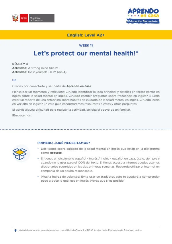 Learning experience W: Let's protect our mental health!, English: Level A2+ - 5.° grado de Secundaria (MINEDU) PDF 1 Portada de Learning experience W: Let's protect our mental health!, English: Level A2+ - 5.° grado - MINEDU