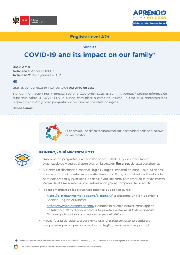 Learning experience W1: Covid 19 and its impact on our family. English: Level A2+ - 5.° grado de Secundaria (MINEDU) PDF 1 Portada de Learning experience W1: Covid 19 and its impact on our family. English: Level A2+ - 5.° - 5.º grado de Secundaria - MINEDU