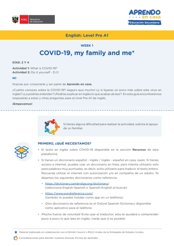 Learning experience W1: Covid 19 - My family and me, English: Level Pre A1 - Secundaria (MINEDU) PDF 1 Portada de Learning experience W1: Covid 19 - My family and me, English: Level Pre A1 - Secundaria - MINEDU