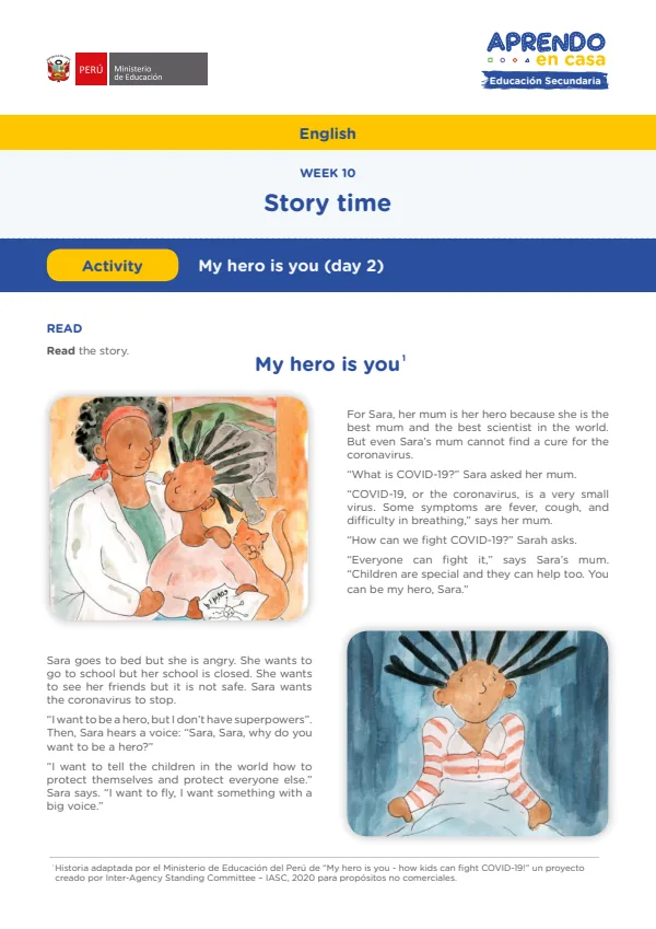 Learning experience W10: Story time, English: Level A2, Activity: My hero is You - 4.° grado de Secundaria (MINEDU) PDF 1 Portada de Learning experience W10: Story time, English: Level A2, Activity: My hero is You - 4.° - 4.º grado de Secundaria - MINEDU