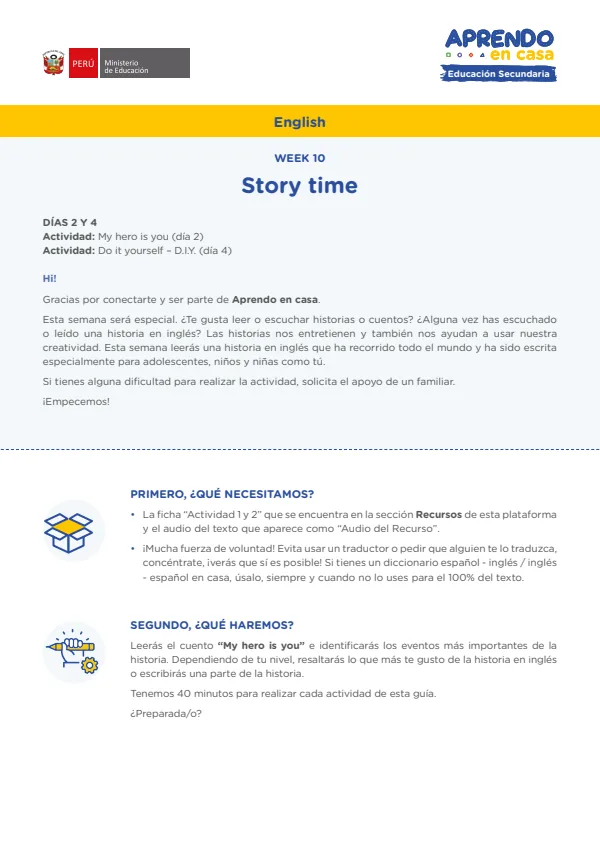 Learning experience W10: Story time, English: Level Pre A1 - Secundaria (MINEDU) PDF 1 Portada de Learning experience W10: Story time, English: Level Pre A1 - Secundaria - MINEDU