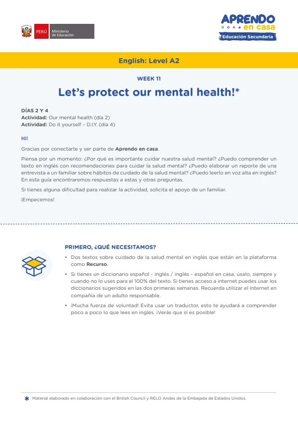 Learning experience W11: Let's protect our mental health!, English: Level A2 - 4.° grado de Secundaria (MINEDU) PDF 1 Portada de Learning experience W11: Let's protect our mental health!, English: Level A2 - 4.° - 4.º grado de Secundaria - MINEDU