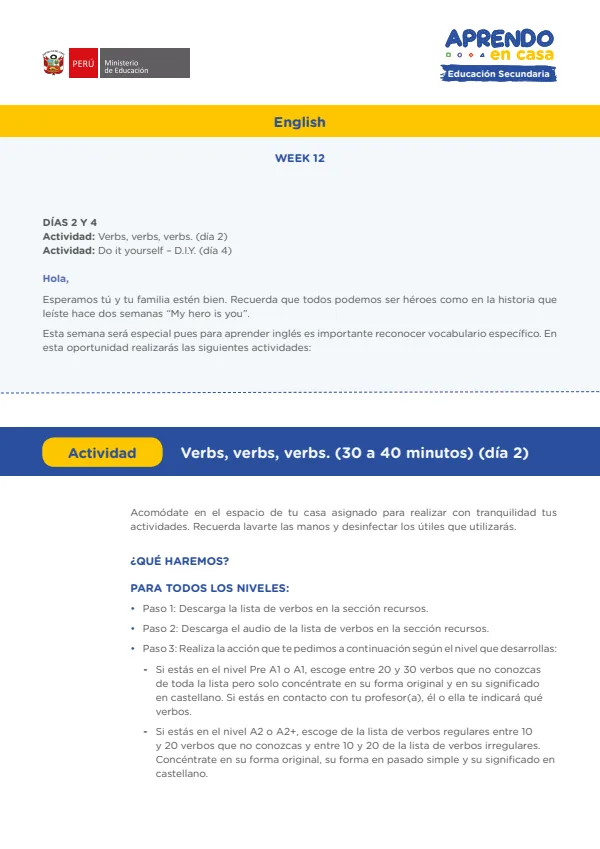 Learning experience W12: Verbs, verbs,verbs, English: Level A1 - 5.° grado de Secundaria (MINEDU) PDF 1 Portada de Learning experience W12: Verbs, verbs,verbs, English: Level A1 - 5.° grado de Secundaria - MINEDU