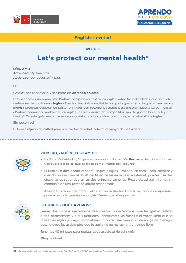 Learning experience W13: Let's protect our mental health!, English: Level A1 - 3.° grado de Secundaria (MINEDU) PDF 1 Portada de Learning experience W13: Let's protect our mental health!, English: Level A1 - 3.° - 3.º grado de Secundaria - MINEDU
