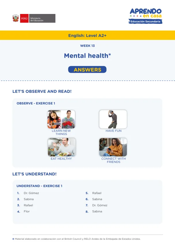 Learning experience W13: Let's protect our mental health!, English: Level A2+ (MINEDU) PDF 1 Portada de Learning experience W13: Let's protect our mental health!, English: Level A2+ - 5.º grado de Secundaria - MINEDU