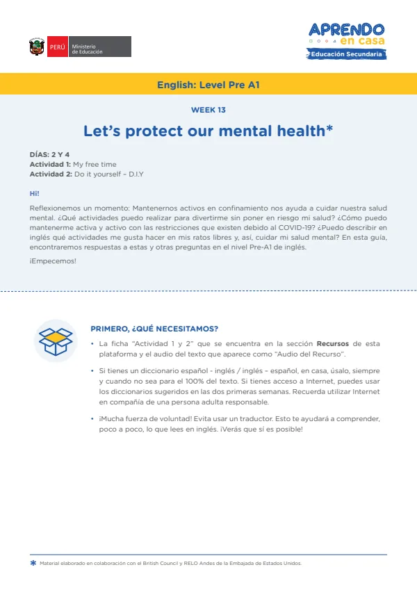 Learning experience W13: Let's protect our mental health!, English: Level Pre A1 (MINEDU) PDF 1 Portada de Learning experience W13: Let's protect our mental health!, English: Level Pre A1 - Secundaria - MINEDU
