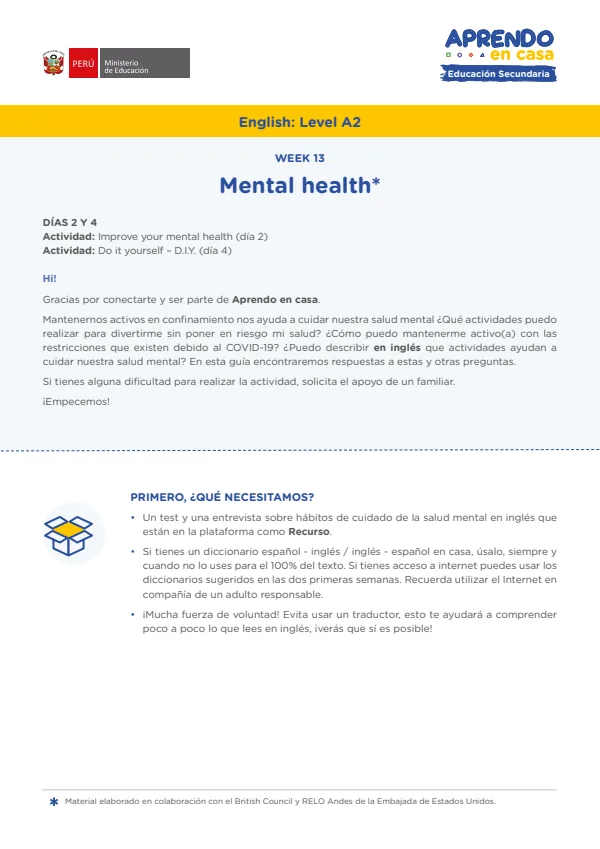 Learning experience W13: Mental health!, English: Level A2 - 4.° grado de Secundaria (MINEDU) PDF 1 Portada de Learning experience W13: Mental health!, English: Level A2 - 4.° grado de Secundaria - MINEDU
