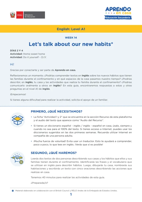 Learning experience W14, Let's talk about our new habits, English: Level A1 - 3.° grado de Secundaria (MINEDU) PDF 1 Portada de Learning experience W14, Let's talk about our new habits, English: Level A1 - 3.° grado - MINEDU