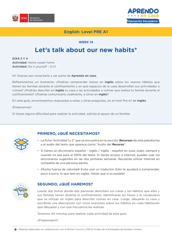 Learning experience W14: Let's talk about our new habits, English: Level Pre A1 (MINEDU) PDF 1 Portada de Learning experience W14: Let's talk about our new habits, English: Level Pre A1 - Secundaria - MINEDU
