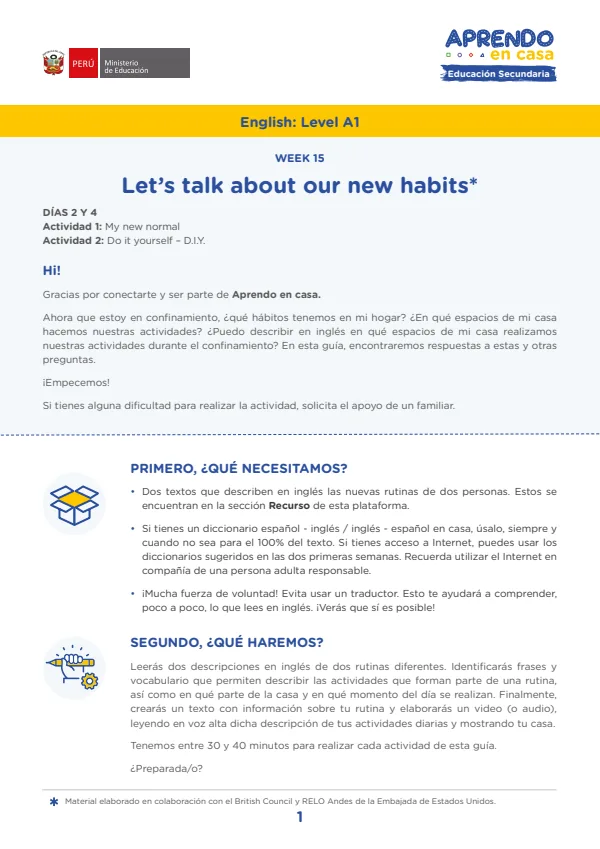 Learning experience W15: Let's talk about our new habits, English: Level A1 - 3.° grado de Secundaria (MINEDU) PDF 1 Portada de Learning experience W15: Let's talk about our new habits, English: Level A1 - 3.° grado - MINEDU