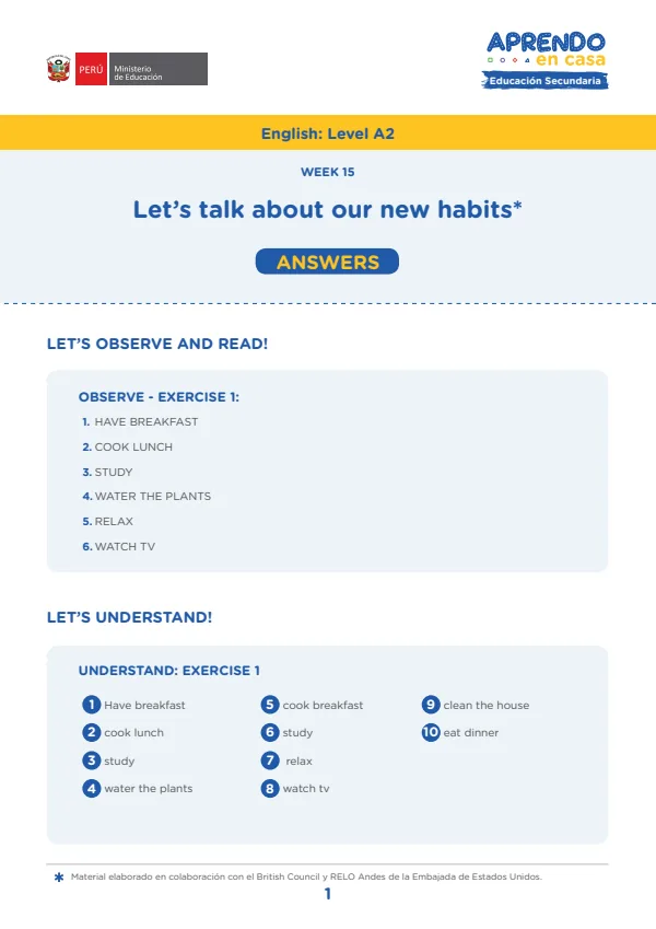 Learning experience W15: Let's talk about our new habits, English: Level A2, Activity: My new normal (MINEDU) PDF 1 Portada de Learning experience W15: Let's talk about our new habits, English: Level A2, Activity - 4.º grado de Secundaria - MINEDU