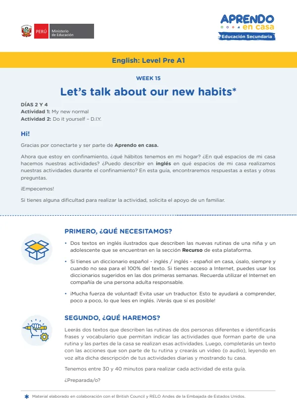 Learning experience W15: Let's talk about our new habits, English: Level Pre A1 (MINEDU) PDF 1 Portada de Learning experience W15: Let's talk about our new habits, English: Level Pre A1 - Secundaria - MINEDU