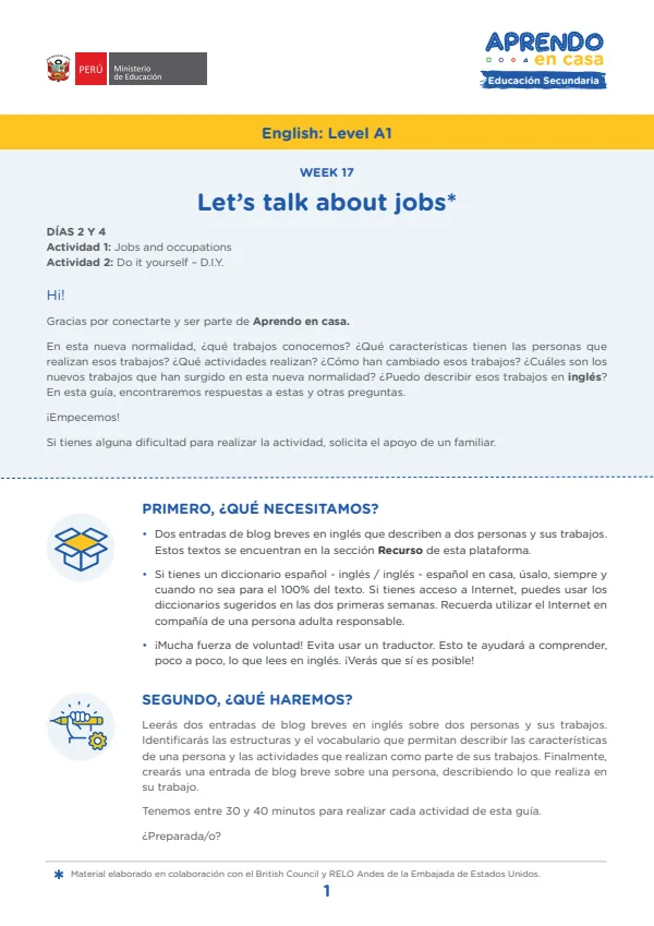 Learning experience W17: Let's talk about jobs and occupations, English: Level A1 - 3.° grado de Secundaria (MINEDU) PDF 1 Portada de Learning experience W17: Let's talk about jobs and occupations, English: Level A1 - 3.° - 3.º grado de Secundaria - MINEDU