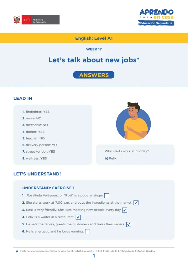 Learning experience W17: Let's talk about jobs and occupations, English: Level A1 (MINEDU) PDF 1 Portada de Learning experience W17: Let's talk about jobs and occupations, English: Level A1 - 3.º grado de Secundaria - MINEDU