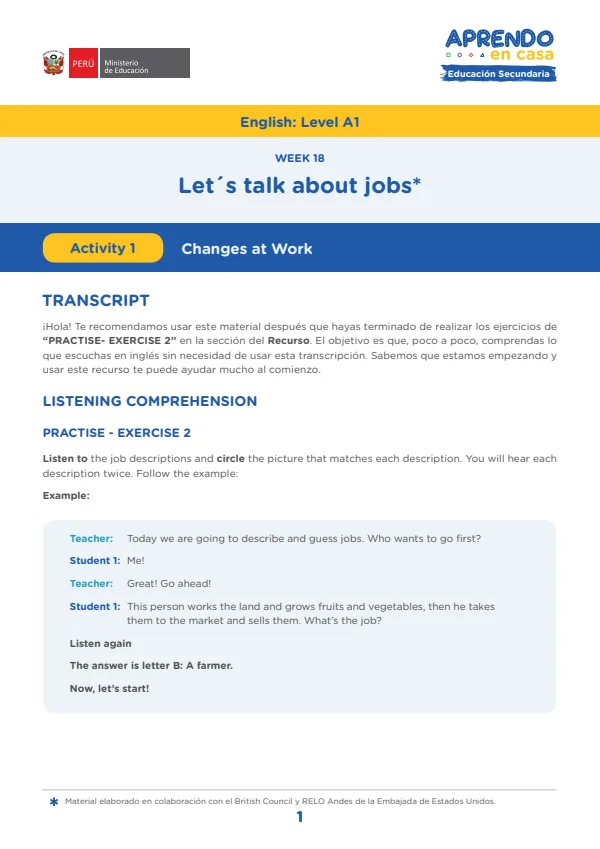 Learning experience W18: Let's talk about new jobs, English: Level A1, Activity: Changes at work (MINEDU) PDF 1 Portada de Learning experience W18: Let's talk about new jobs, English: Level A1, Activity - 3.º grado de Secundaria - MINEDU