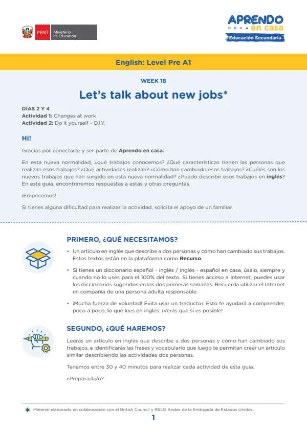 Learning experience W18: Let's talk about new jobs, English: Level Pre A1 - Secundaria (MINEDU) PDF 1 Portada de Learning experience W18: Let's talk about new jobs, English: Level Pre A1 - Secundaria - MINEDU