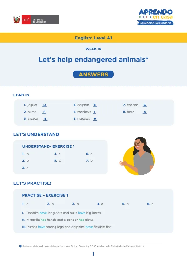 Learning experience W19: Let's help endangered animals, English: Level A1, Activity: Endangered animals (MINEDU) PDF 1 Portada de Learning experience W19: Let's help endangered animals, English: Level A1, Activity - 3.º grado de Secundaria - MINEDU