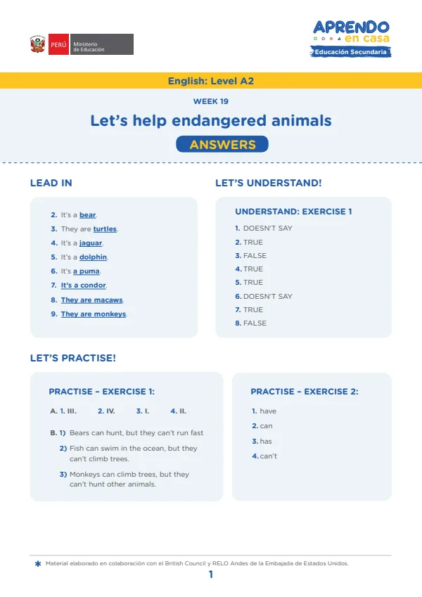 Learning experience W19: Let's help endangered animals, English: Level A2, Activity: Endangered animals (MINEDU) PDF 1 Portada de Learning experience W19: Let's help endangered animals, English: Level A2, Activity - 4.º grado de Secundaria - MINEDU