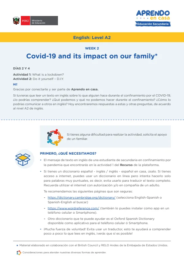 Learning experience W2: Covid-19 and its impact on our family. English: Level A2 - 4.° grado de Secundaria (MINEDU) PDF 1 Portada de Learning experience W2: Covid-19 and its impact on our family. English: Level A2 - 4.° - 4.º grado de Secundaria - MINEDU