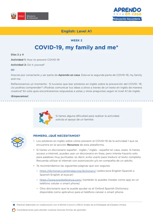 Learning experience W2: Covid 19 - My family and me. English: Level A1 - 3.° grado de Secundaria (MINEDU) PDF 1 Portada de Learning experience W2: Covid 19 - My family and me. English: Level A1 - 3.° grado - MINEDU