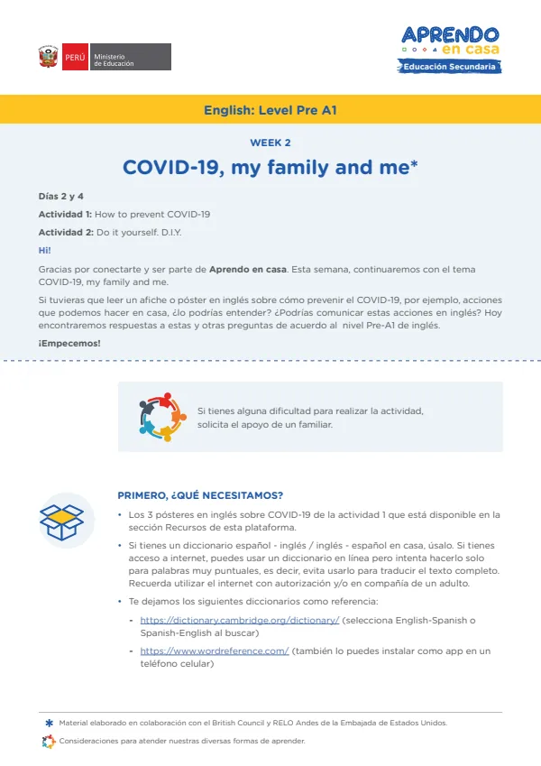 Learning experience W2: Covid 19 - My family and me, English: Level Pre A1 - Secundaria (MINEDU) PDF 1 Portada de Learning experience W2: Covid 19 - My family and me, English: Level Pre A1 - Secundaria - MINEDU