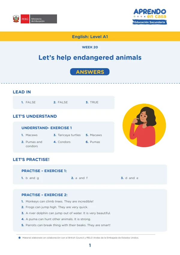 Learning experience W20: Let's help endangered animals, English: Level A1, Activity: Big or small (MINEDU) PDF 1 Portada de Learning experience W20: Let's help endangered animals, English: Level A1, Activity - 3.º grado de Secundaria - MINEDU