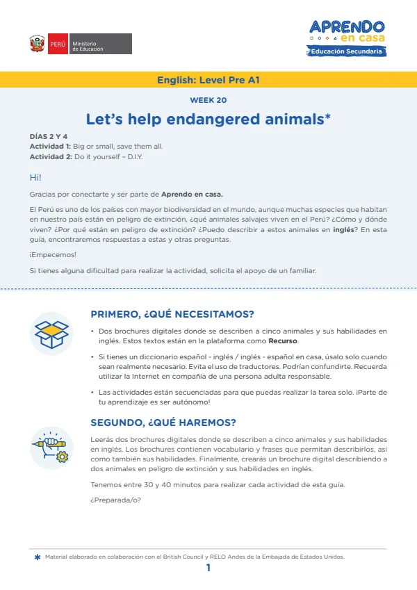 Learning experience W20: Let's help endangered animals, English: Level Pre A1 (MINEDU) PDF 1 Portada de Learning experience W20: Let's help endangered animals, English: Level Pre A1 - Secundaria - MINEDU