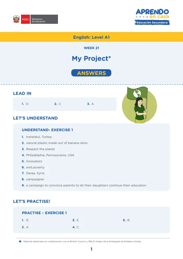 Learning experience W21: My proyect, English: Level A1, Activity: Look around, Answers (MINEDU) PDF 1 Portada de Learning experience W21: My proyect, English: Level A1, Activity: Look around, Answers - 3.º grado de Secundaria - MINEDU