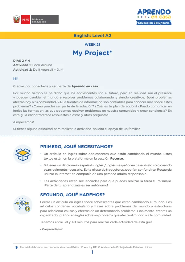 Learning experience W21: My proyect, English: Level A2 - 4.° grado de Secundaria (MINEDU) PDF 1 Portada de Learning experience W21: My proyect, English: Level A2 - 4.° grado de Secundaria - MINEDU